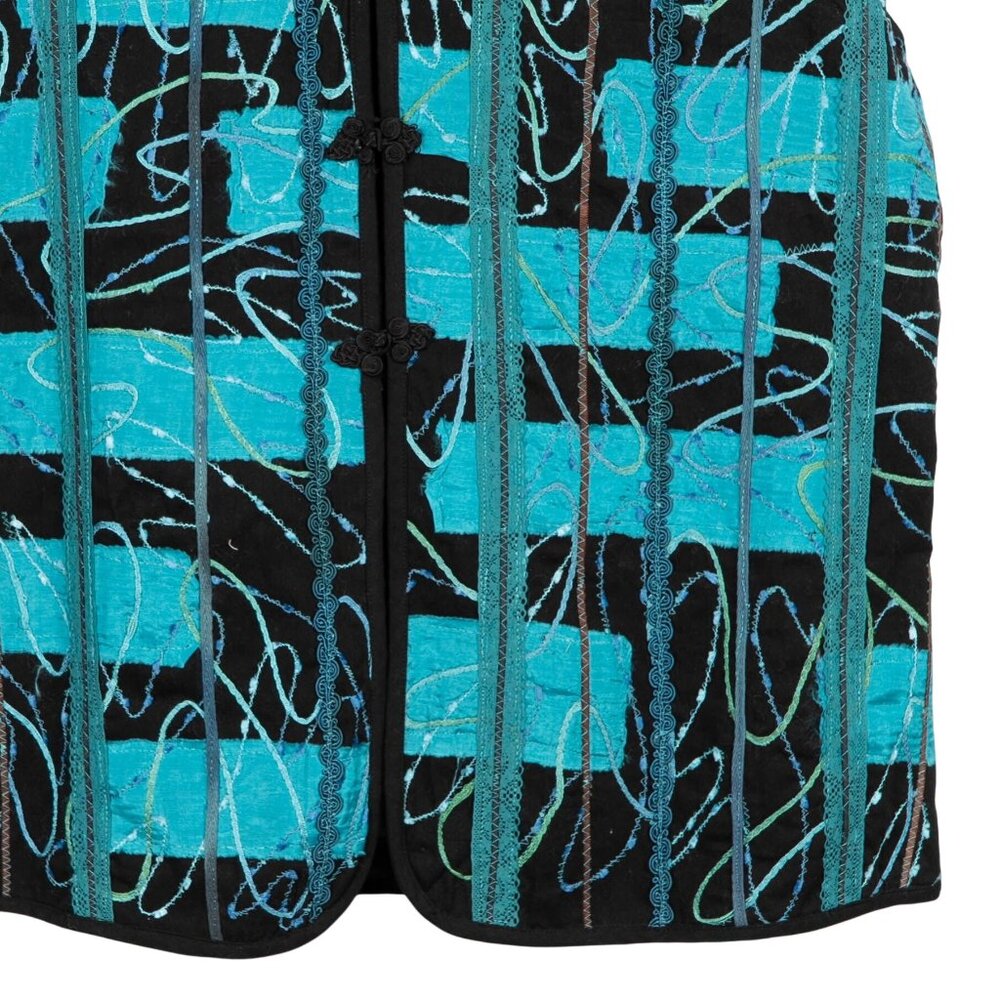 Abstract Crafty Vest XL Black Turquoise Scribbled Stitching Toggles Mandarin - Picture 3 of 6